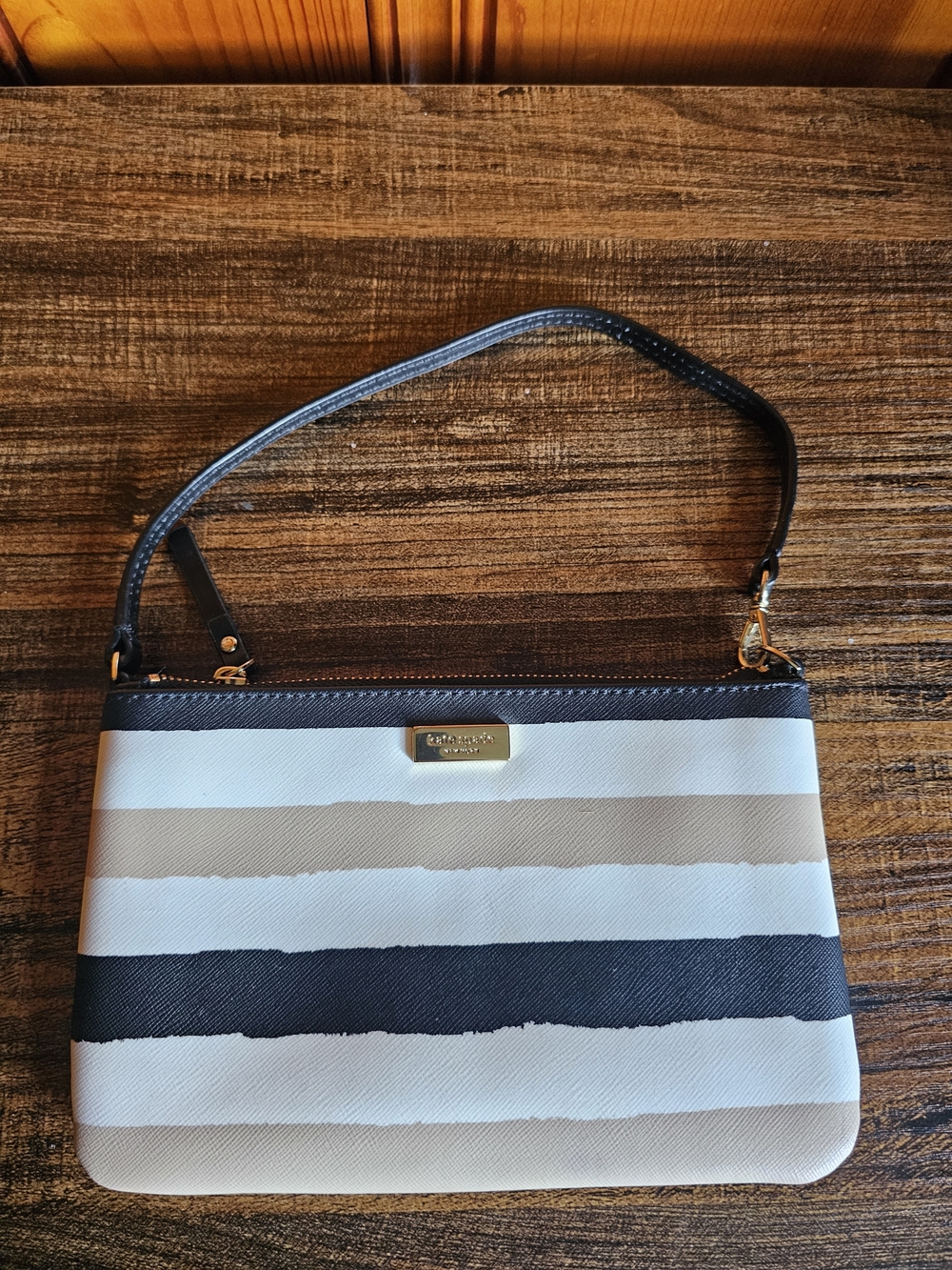kate spade Striped Wristlet Clutch in Black, White & Tan